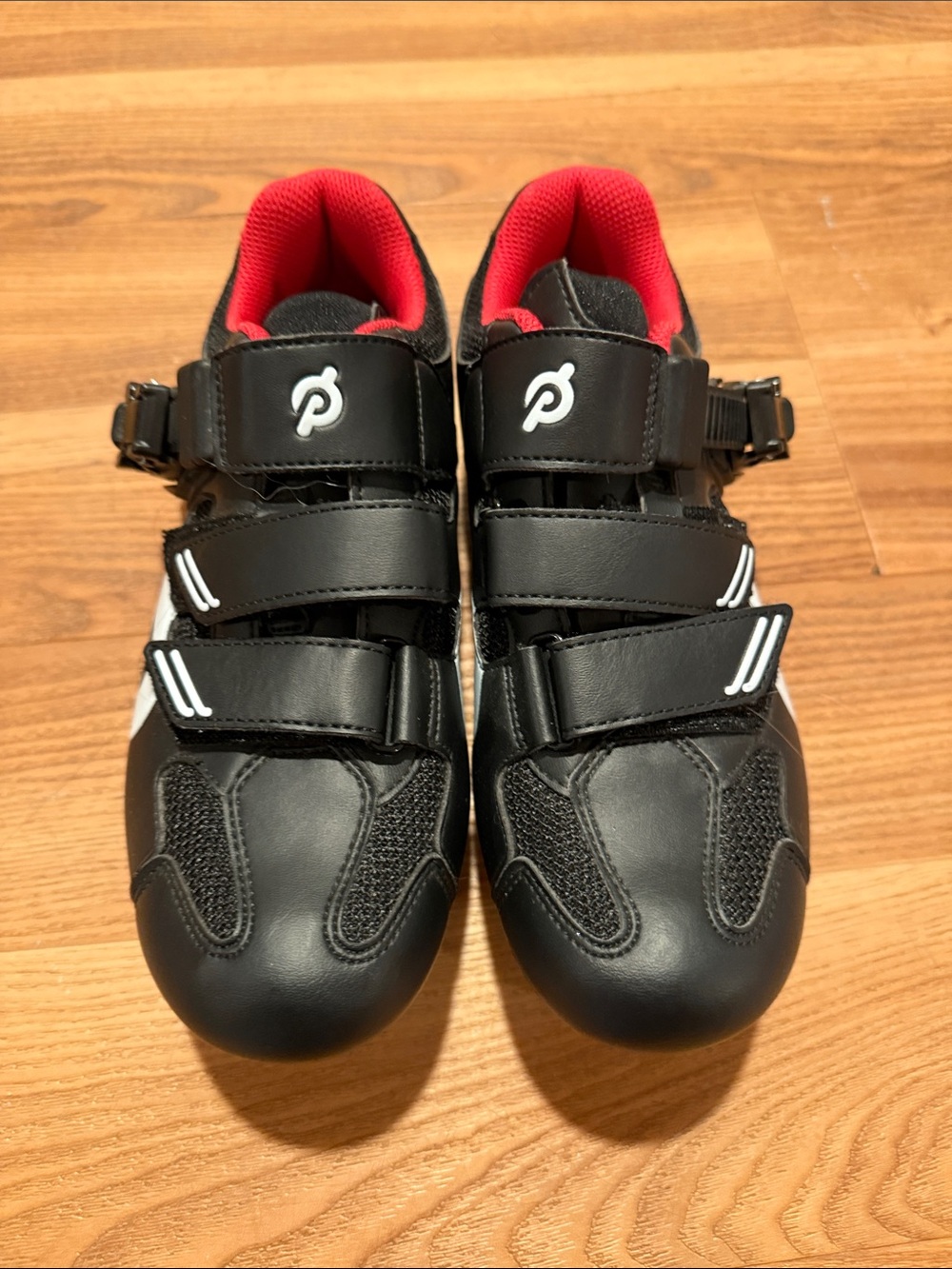 Peloton Black and White Cycling Shoes with Red Cleats